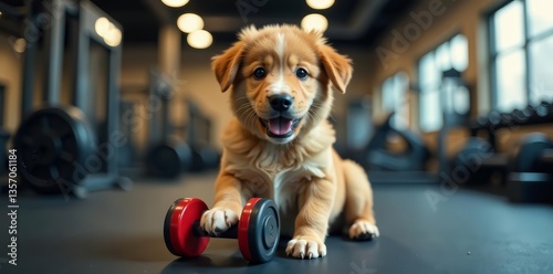 Playful puppy with dumbbells, looking amused in gym setting, puppy, fitness, pet