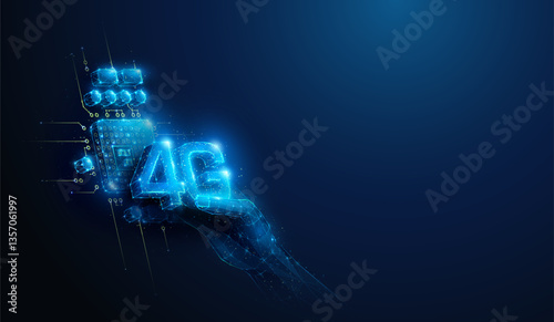 Lowpoly Hand Putting 4G to Hardware Chip. Abstract geometric illustration on 4 generation innovation wireless communication technology hardware development concept by wireframe mesh on blue background