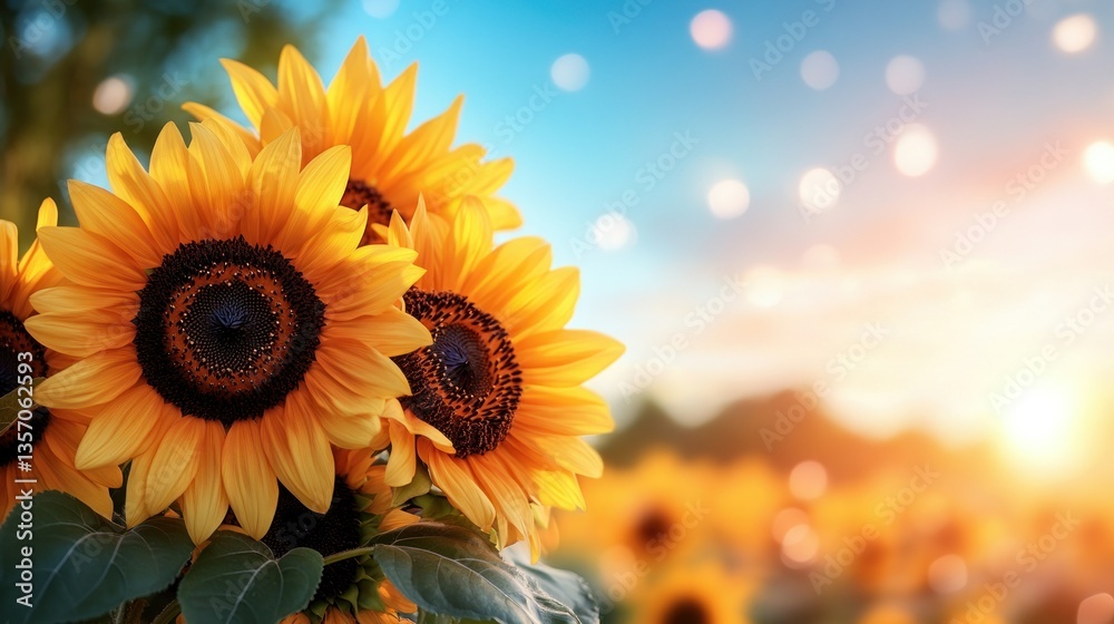 Fototapeta premium Sunflowers bouquet at sunset field