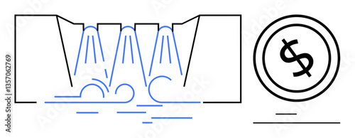 Cascading water flows into a basin beside a dollar coin, symbolizing water resource management, cost efficiency, sustainability. Ideal for economy, conservation, infrastructure, finance, utility