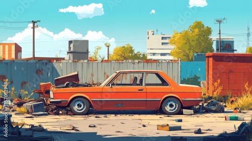 Rusty orange car in junkyard, sunny day.