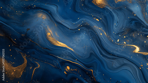 Abstract blue marble background with golden swirls and glitter, liquid art.