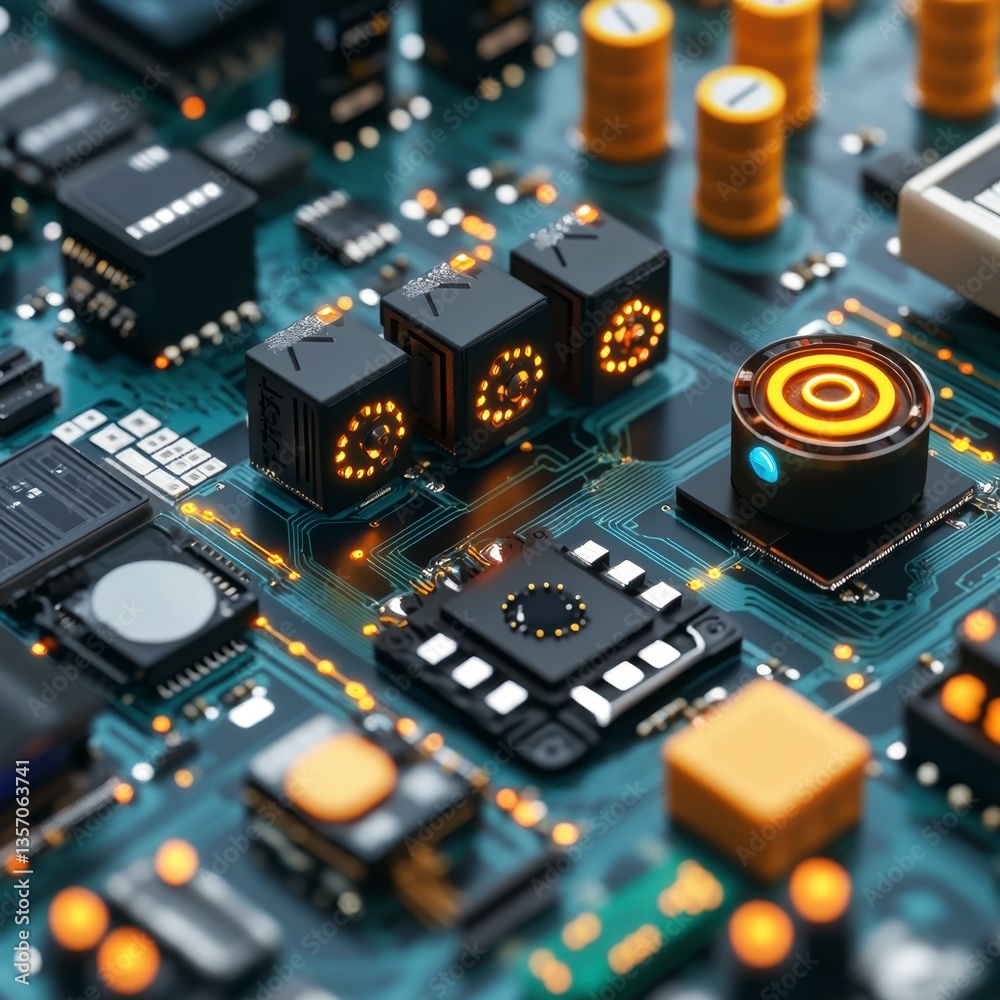 Close up view of a circuit board with glowing orange components and a central circular element. The board features various sized chips and connectors, showcasing intricate technological detail. Close up view of a circuit board with glowing orange components and a central circular element. The board features various sized chips and connectors, showcasing intricate technological detail.