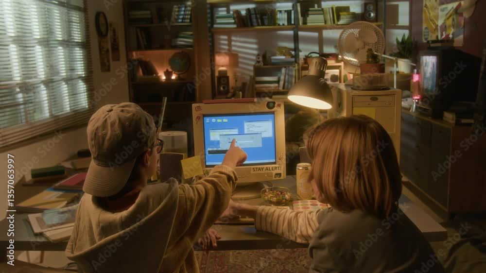 Wide angle back view of two boys using retro computer in warm toned 90s room setting