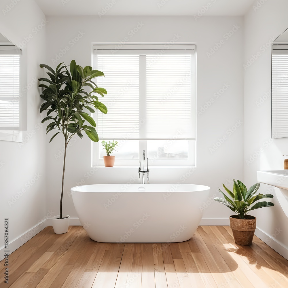 Fototapeta premium Modern Minimalist Bathroom Interior with Freestanding Tub and Plants