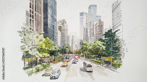 Sustainable urban planning combines modern architecture and tree planting in a tranquil and natural setting