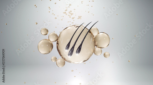 Fotografía 3D illustration of a black hair strand penetrating golden serum bubble surrounded by small particles, ideal for hair care and cosmetic concepts