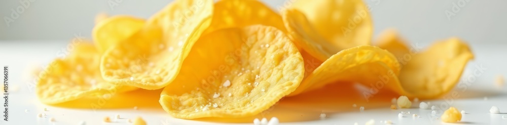 Close-up of a pile of golden potato chips with salt crystals on a white surface, crispy, close-up, potato chips Close-up of a pile of golden potato chips with salt crystals on a white surface, crispy, close-up, potato chips