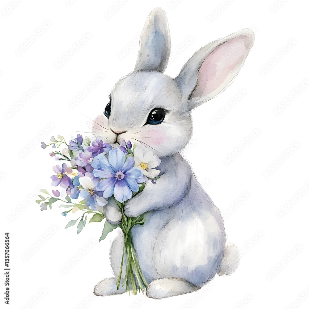 Obraz premium Cute rabbit in spring holding a bouquet of colorful flowers against a white background