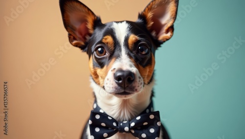 Close-up of a stylish pincher dog with a polka dot bow tie, cute, polka dot, stylish