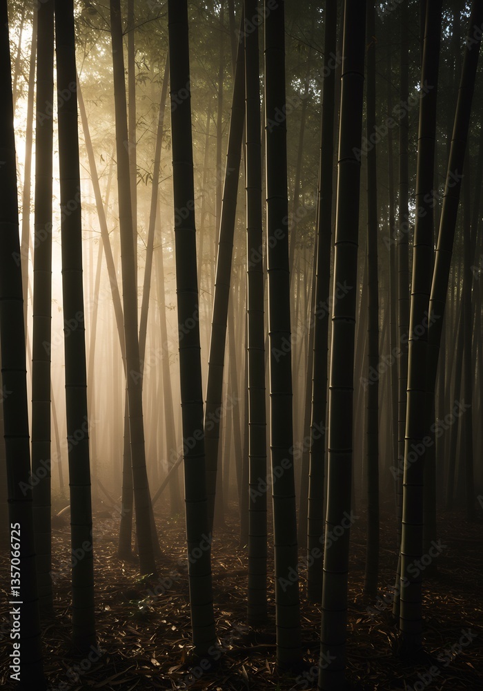 Obraz premium Misty Bamboo Forest Sunrise Golden light filters through tall stalks creating a serene atmosphere. AI Generated