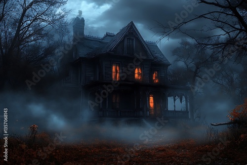 Halloween witch house in the forest with pumpkins