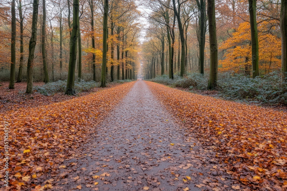 Obraz premium Colorful Autumn Trees and Leaf-Covered Path in the Forest