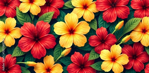 Red and yellow hibiscus and plumeria flowers repeating design, background, petals