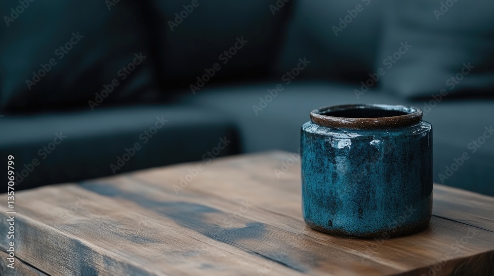 Rustic, deep blue ceramic pot on a wooden table Rustic, deep blue ceramic pot on a wooden table