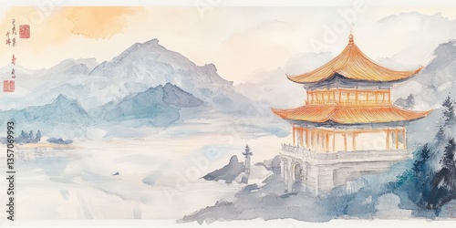 Watercolor painting depicts an oriental temple nestled in misty mountains