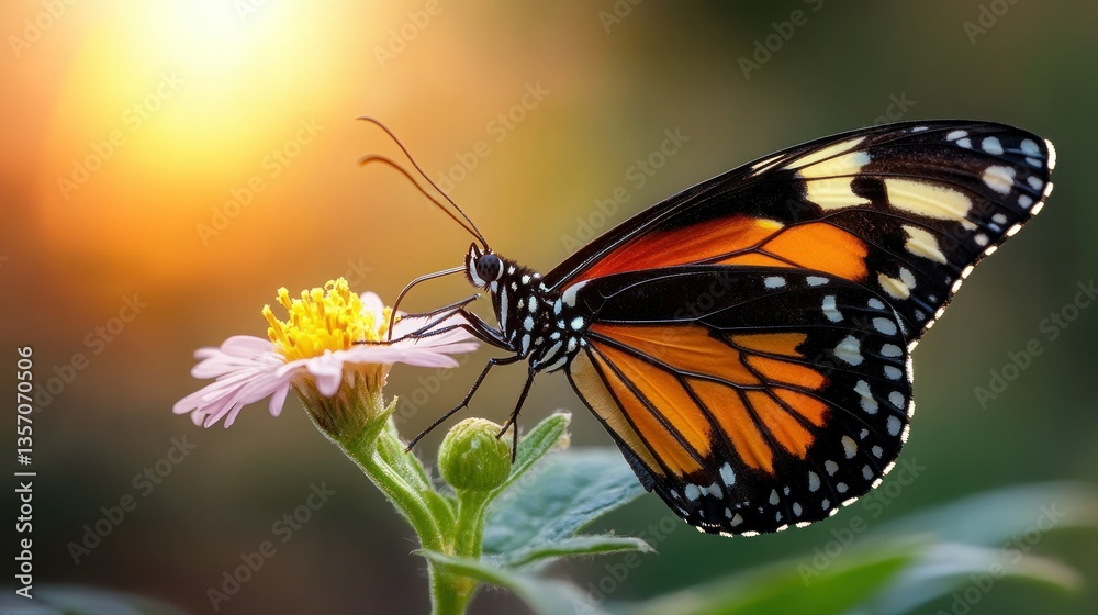 Orange butterfly feeding on flower at sunrise Orange butterfly feeding on flower at sunrise