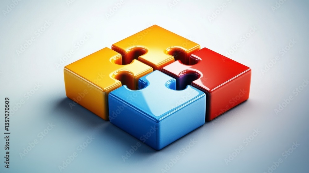 Obraz premium Four glossy puzzle pieces, red, yellow, and blue, interlock on a light gray background. The image is clean and modern.