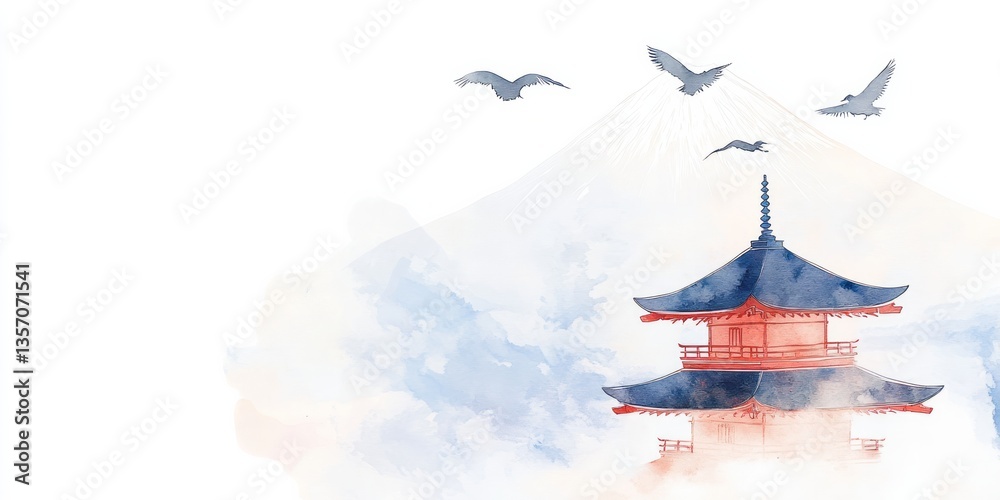 Fototapeta premium Watercolor painting depicts a pagoda with mount fuji in background