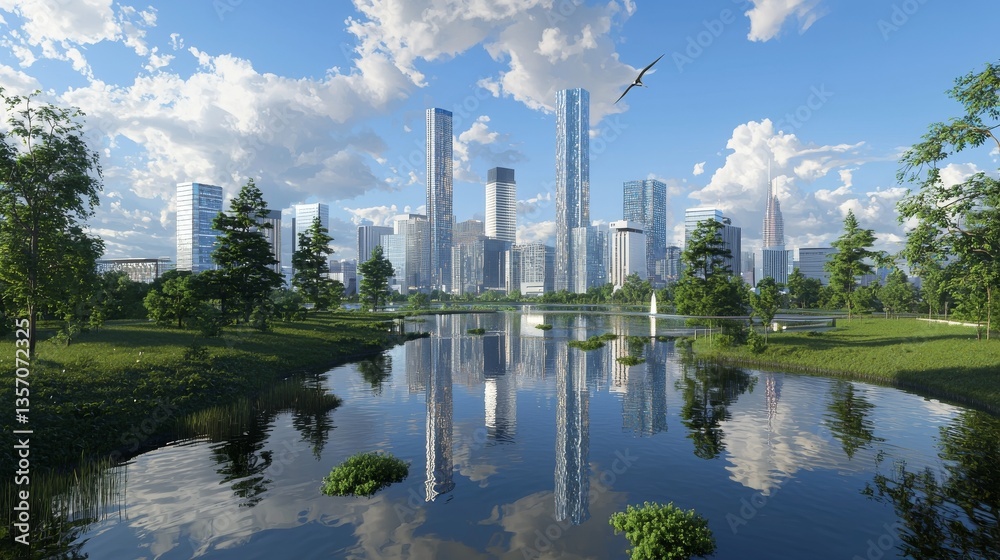 Obraz premium A sunny day provides the backdrop for a futuristic city skyline, a winding river, and a sprawling urban landscape marked by futuristic architecture and advertisements