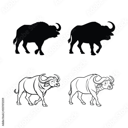 African buffalo silhouette line art vector illustration on white background