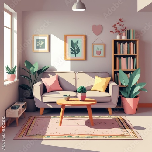 Flat vector illustration of a cozy living room with a couch, bookshelf, rug, small coffee table, potted plant, and a framed picture on the wall, clean vector art, pastel colors, minimal shadows, print