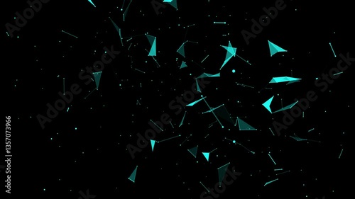 Abstract geometric shapes in space. Intertwining lines of dots and triangles. 3D rendering.