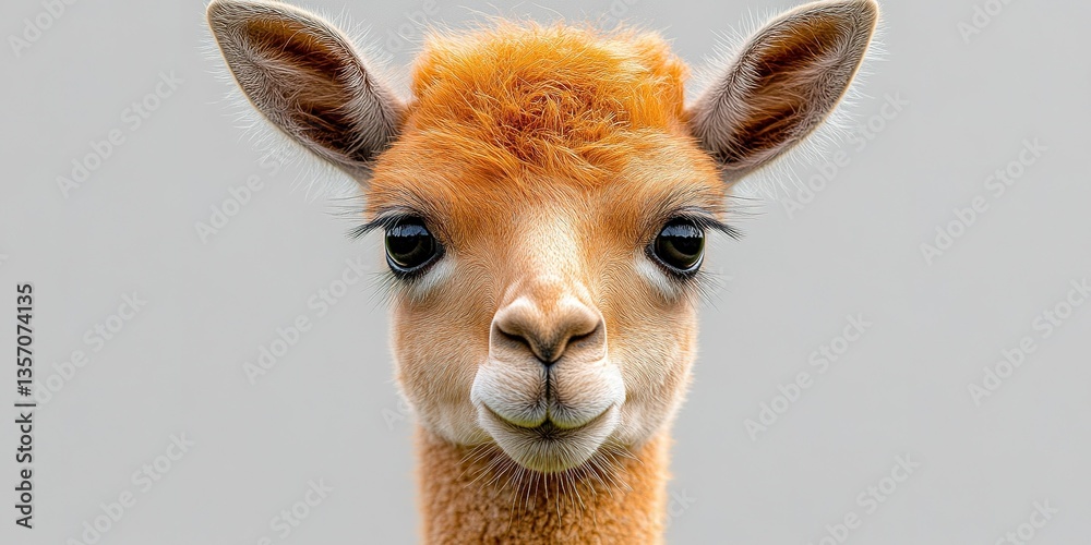 Fototapeta premium Cute baby llama with fluffy orange fur gazes directly at the camera in a neutral background
