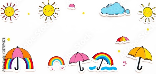 Cheerful cartoon stickers featuring rainbows, sunshine, and umbrellas, green, purple