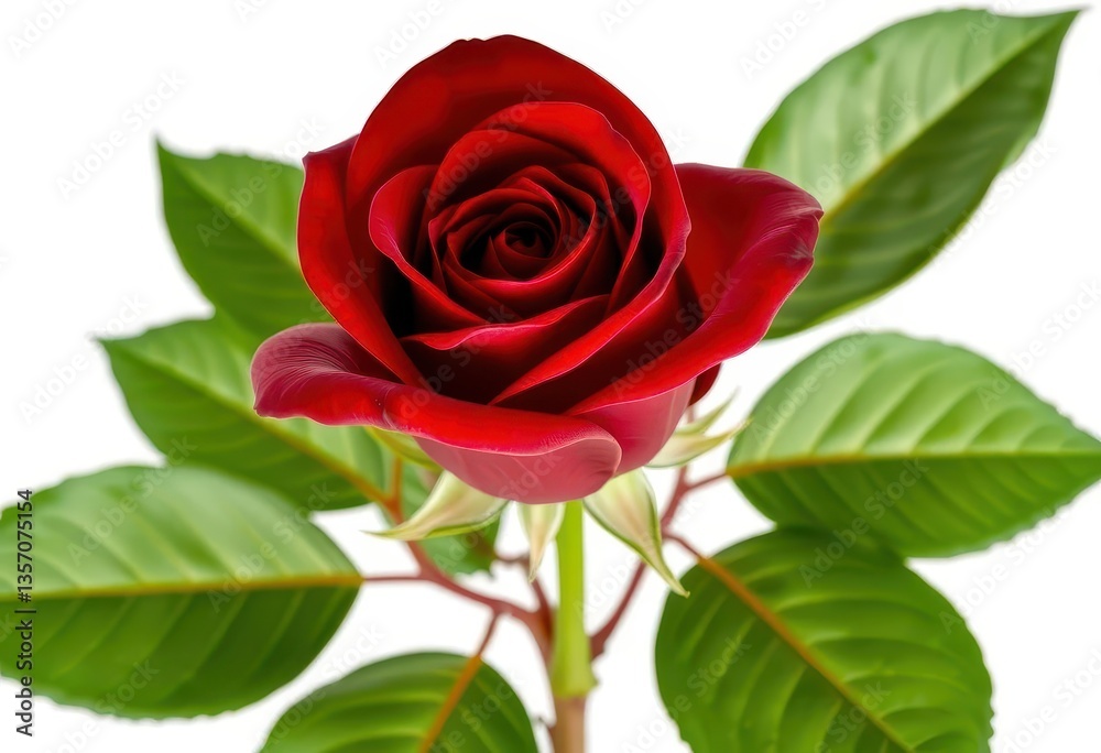 A single dark red rose with vibrant green leaves, isolated on a pure white background, rose, bloom