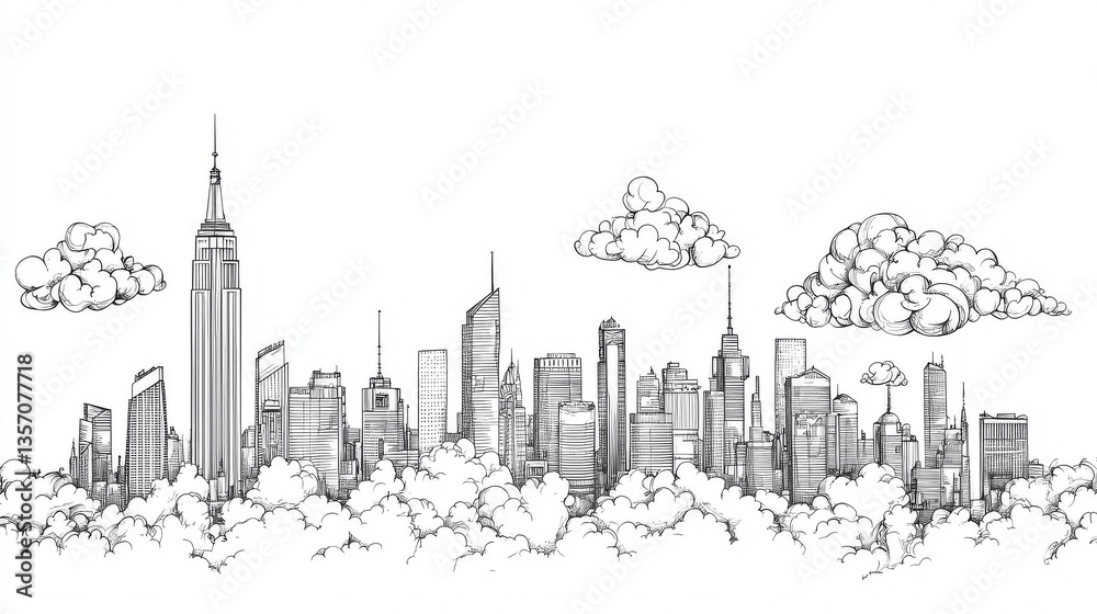 Obraz premium Line drawing of a futuristic city skyline for colouring