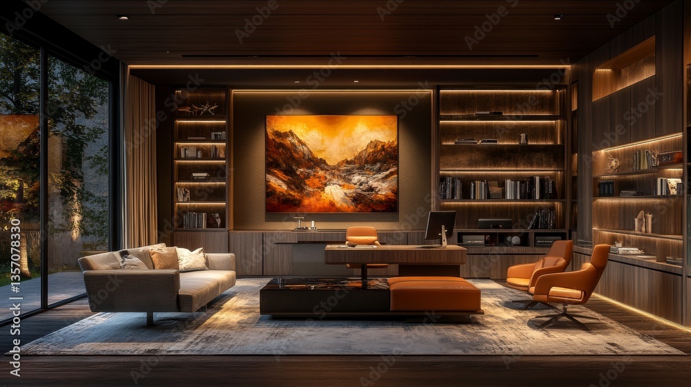 Fototapeta premium Modern home office interior with dark wood furniture, a large abstract painting, and warm lighting. Features a comfortable seating area with a couch and armchairs.