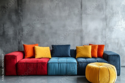 a vibrant modern sofa with colorful cushions against a textured gray wall