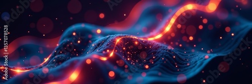 Close-up of biotechnological elements with glowing lines on dark background, organic, data analysis