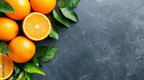 Fresh oranges and leaves on dark stone background