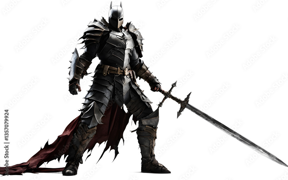 Obraz premium Dark knight in cursed armor with a cracked greatsword, isolated on a empty plain background