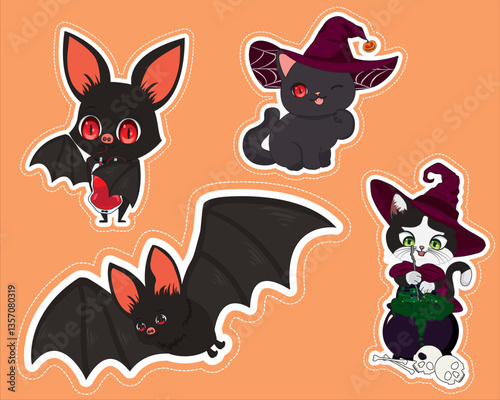 Black Cat Halloween Sticker Set of 4 Vector