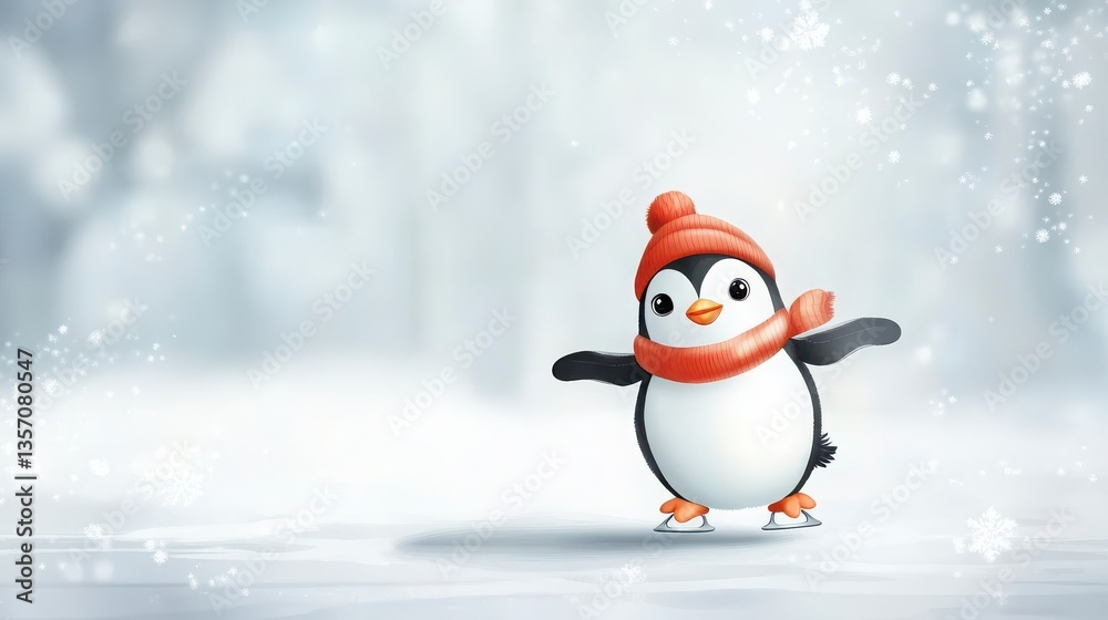 Obraz premium Adorable Cartoon Penguin Ice Skating in Snowy Winter Wonderland