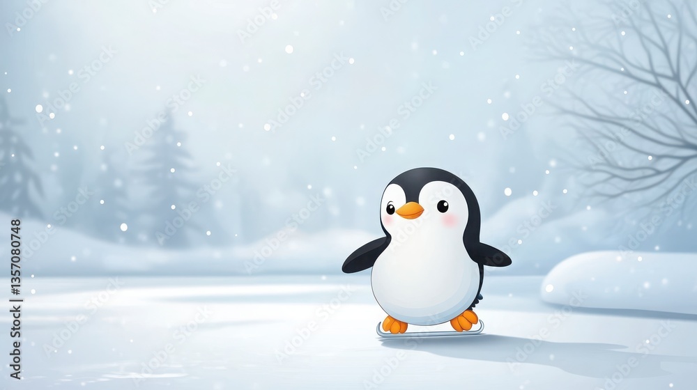 Fototapeta premium Adorable Cartoon Penguin Ice Skating in Snowy Winter Wonderland