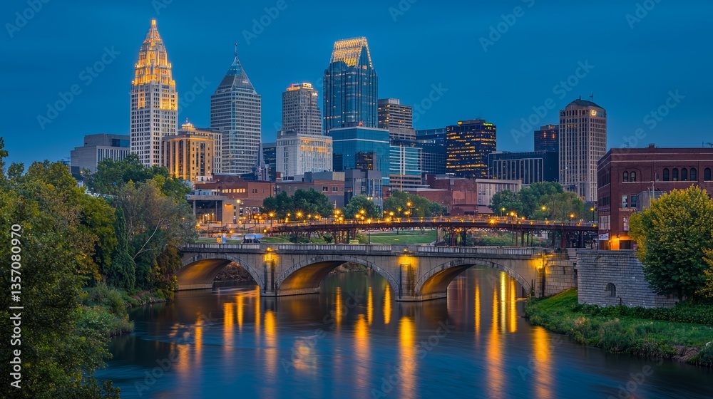 The cityscape at night features a river with reflections and an illuminated bridge