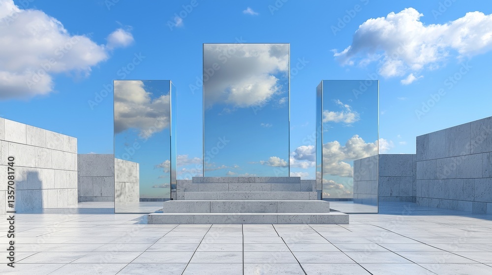 Fototapeta premium An empty concrete floor is shown in a 3D render of abstract and futuristic glass architectural design