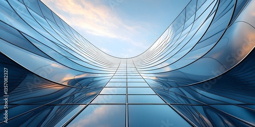 Low angle view of futuristic architecture, Skyscraper of office building with curve glass window, Generative AI
