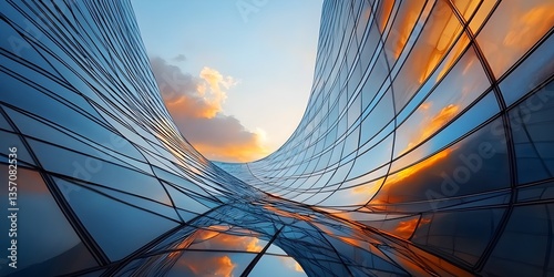 Low angle view of futuristic architecture, Skyscraper of office building with curve glass window, AI digital illustration