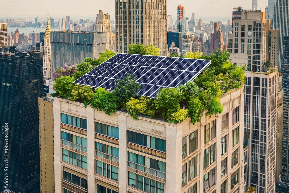Obraz premium Eco-friendly high-rise building with integrated solar panels in an urban landscape