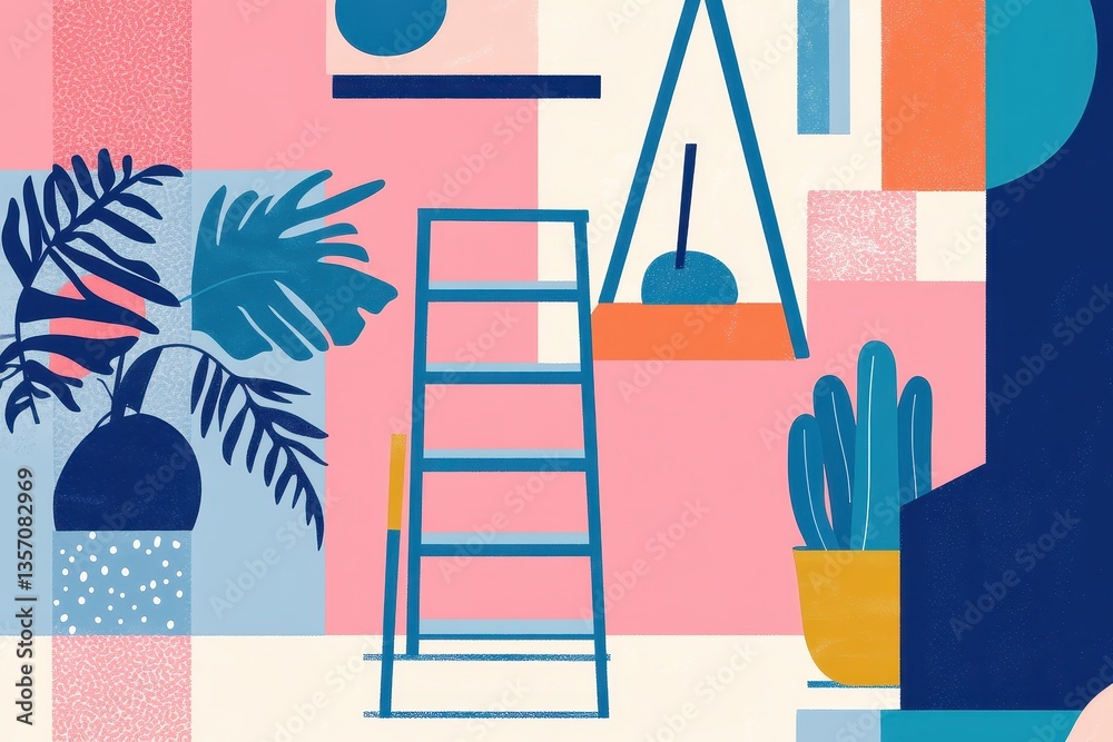 Naklejka premium Colorful Abstract Design with Plants, Ladder, and Geometric Elements