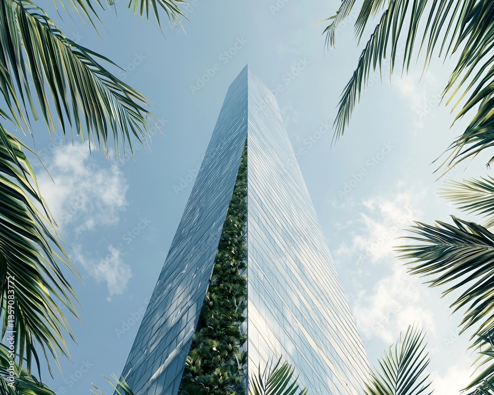 Fototapeta premium A ground-up perspective of a sustainable building incorporating glass walls and an abundance of green plants, embodying modern urbanism