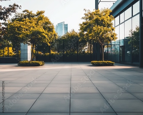 This glass office tower represents a modern sustainable urbanism concept, where green landscaping with trees and bushes is fully integrated into the design photo