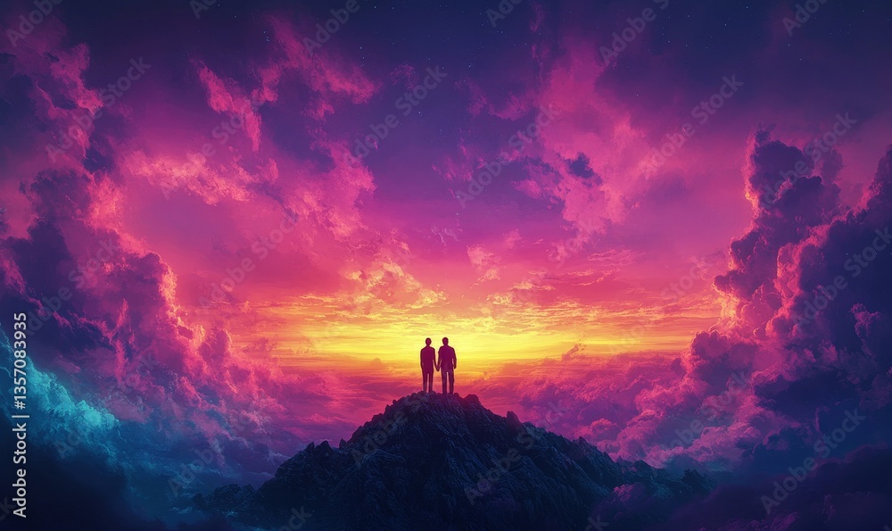 two people standing on top of a hill, silhouetted against a breathtaking sunset. The sky is painted with vibrant colors of pinks, purples, and oranges, creating a stunning and romantic scene two people standing on top of a hill, silhouetted against a breathtaking sunset. The sky is painted with vibrant colors of pinks, purples, and oranges, creating a stunning and romantic scene