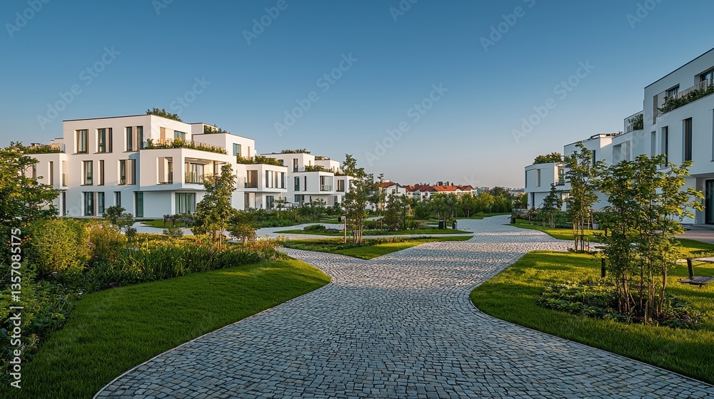 Fototapeta premium Modern apartments featuring white facades are linked by a straight pathway