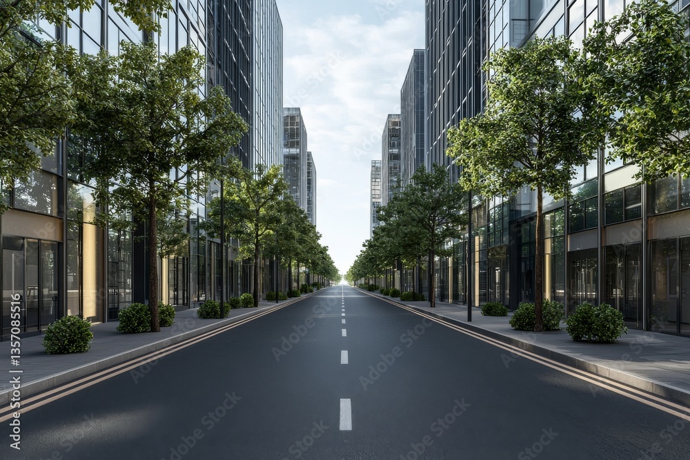 Fototapeta premium Trees and glass buildings line a modern street in the city, which is set beneath a clear blue sky on this day